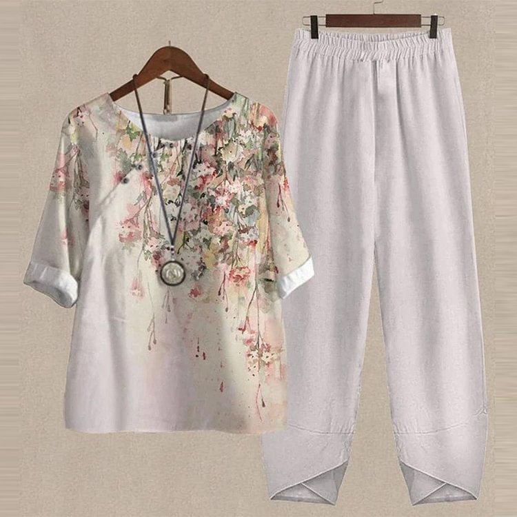 VChics Watercolor Botanical Floral Print Casual Two Piece Set