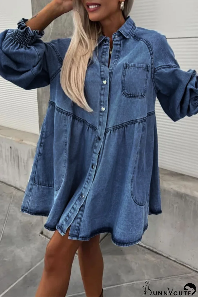 Casual Street Pocket Buttons Turndown Collar Long Sleeve Loose Denim Dresses