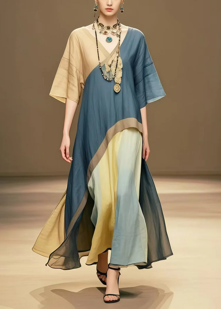 Navy Patchwork Cotton Long Dresses Asymmetrical Design Summer