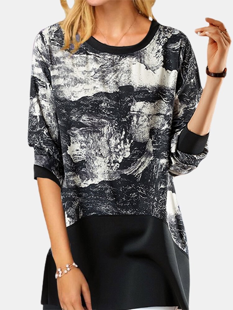 Patched Wave Print Long Sleeve Casual T Shirt For Women P1752386
