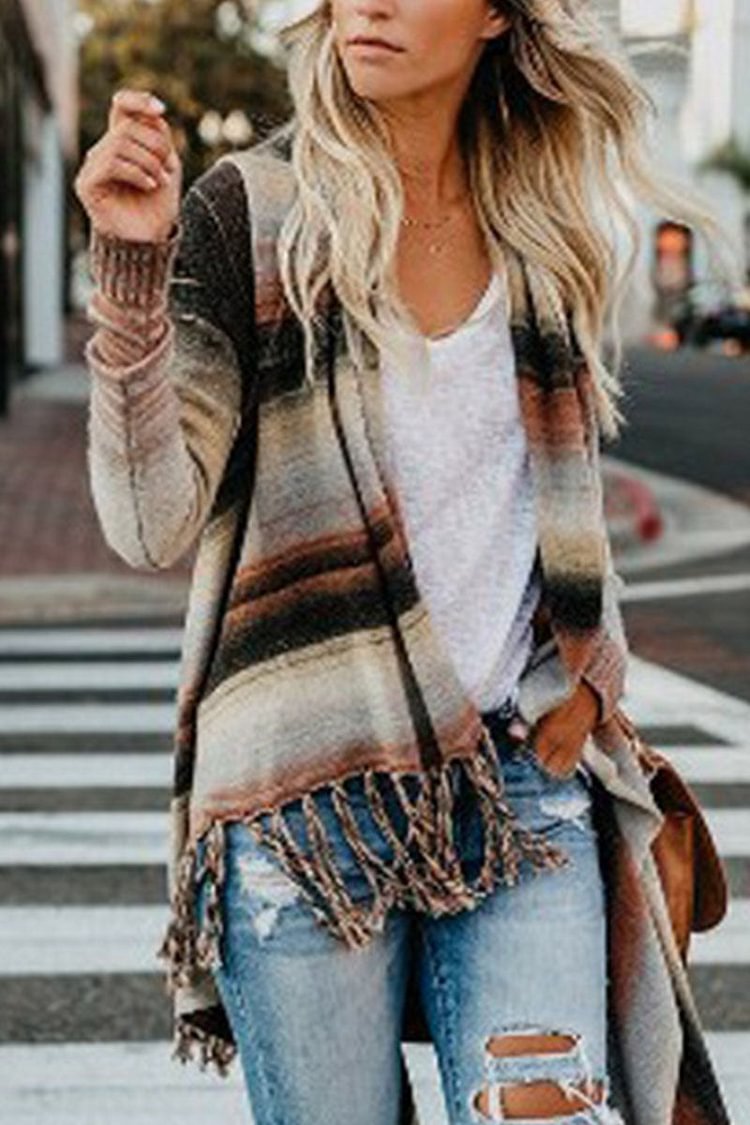 Casual Striped Tassel Split Joint Outerwear - Life is Beautiful for You - SheChoic