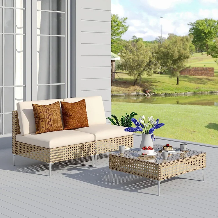 Pre-order : Ship within two weeks, GRAND PATIO Wicker Patio Furniture Set, All Weather Outdoor Sectional Sofa with Beige Thick Cushions and Coffee Table
