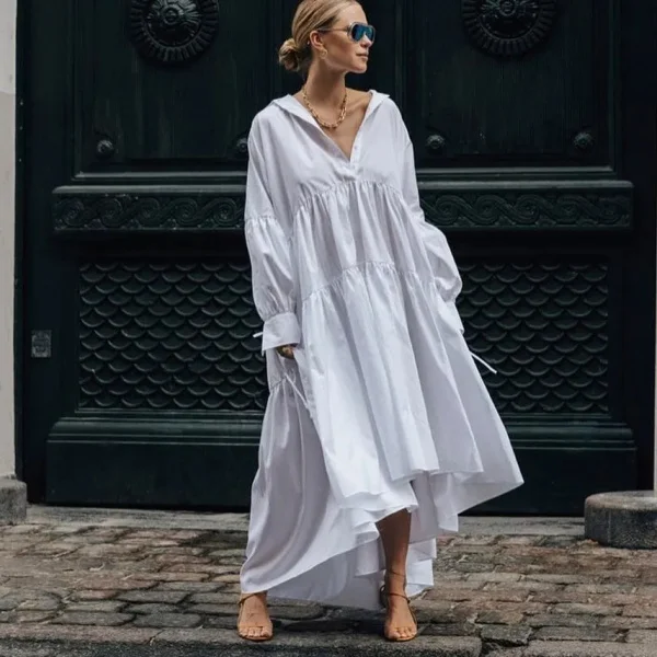 Simple Solid Color Pleated Maxi Shirt Dress