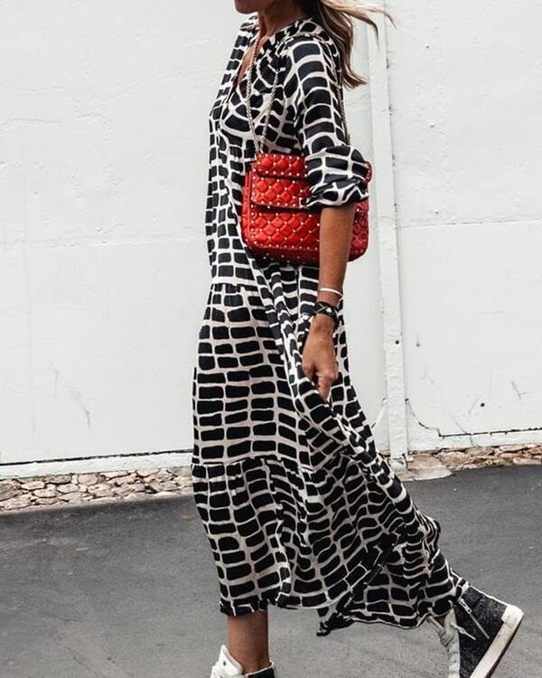 Print Long Sleeves Shift Casual Maxi Dresses - Chicaggo