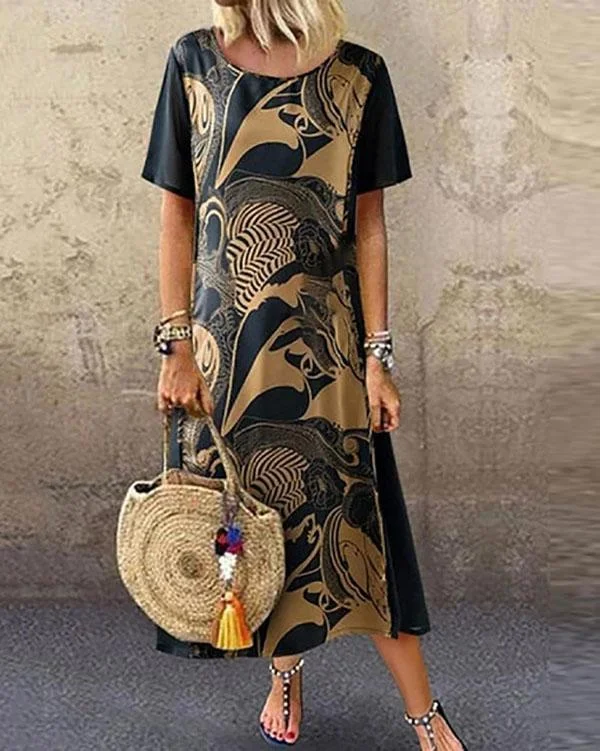 Vintage Printed Short Sleeve Round Neck Midi Dress
