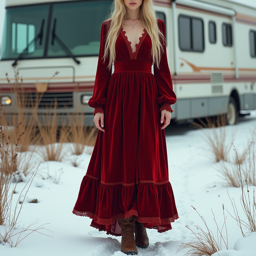 V-neck Retro Print Casual Loose Western Dress