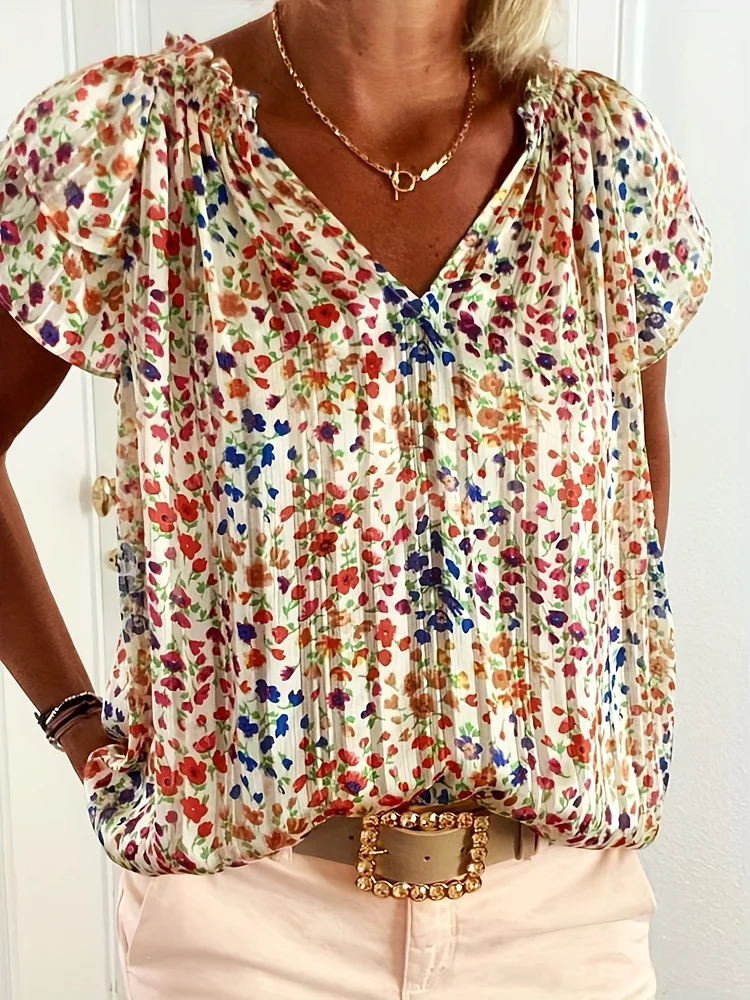 Ditsy Floral Print Shirt, Vacation Lantern Sleeve Crew Neck Pleated Loose Shirt, Women's Clothing