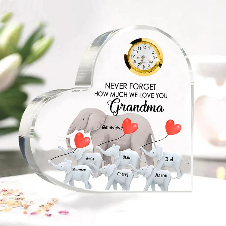 Personalized Heart-Shaped Acrylic Clock Keepsake Heart Sign Engraved 7 Names Elephant Ornament Unique Gift for Mom Grandma