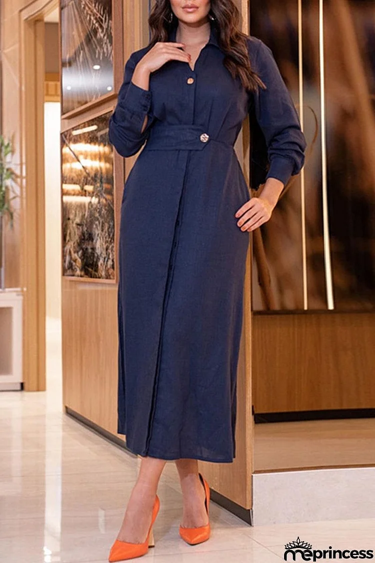 Elegant Solid Buttons Turndown Collar A Line Dresses