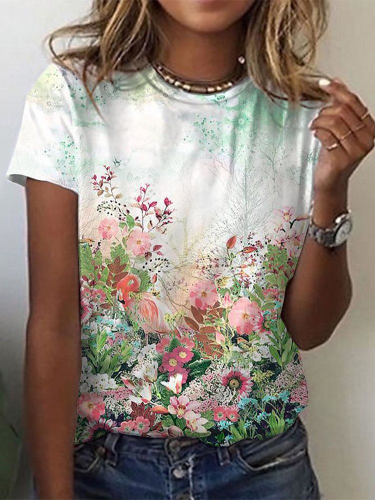 Round Neck Printed Short Sleeve Loose T Shirt P181001756
