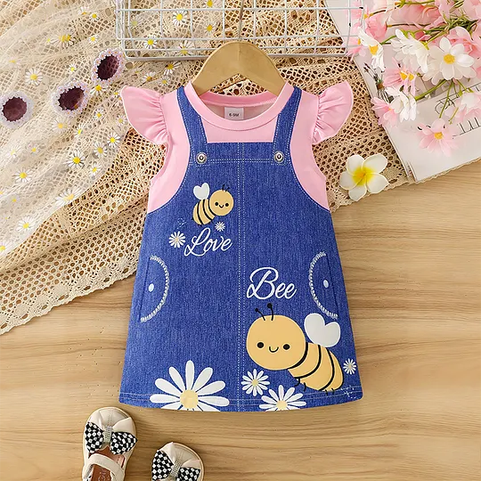 【6M-3Y】Girls' Casual Round Neck Dress With Bee Print And Flutter Sleeves