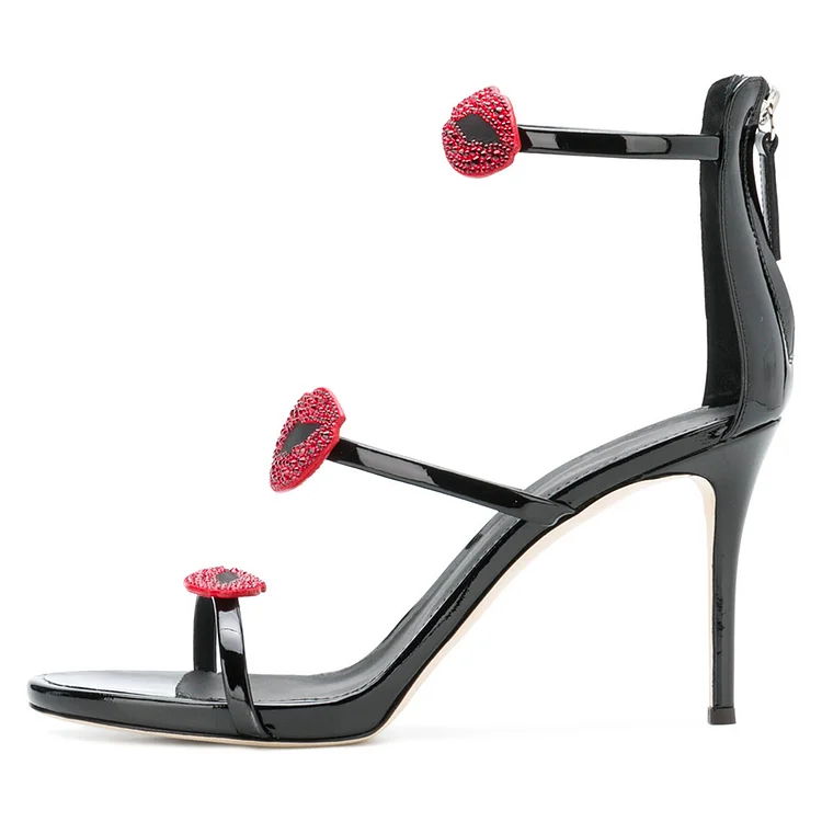 Black Rhinestone Lips Tri-Strap Sandals Vdcoo