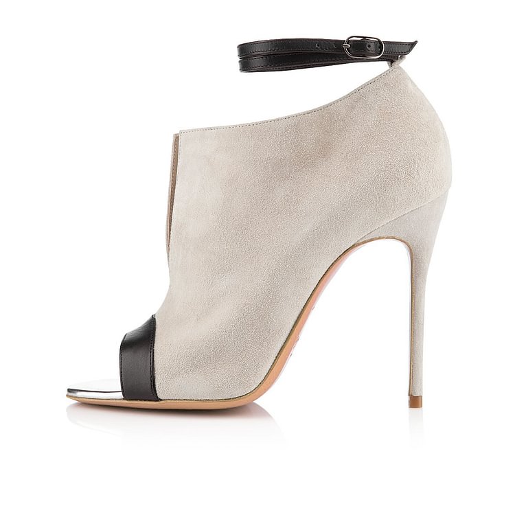 Beige and Black Ankle Strap Stiletto Heel Suede Peep Toe Booties |FSJ Shoes