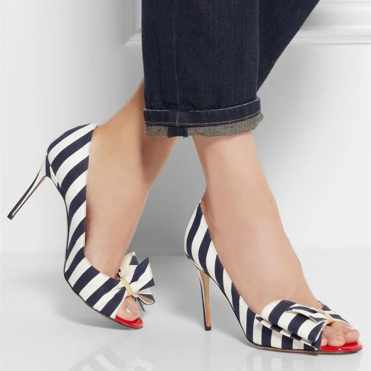 Striped Peep-Toe Pumps with Bow Detail Vdcoo