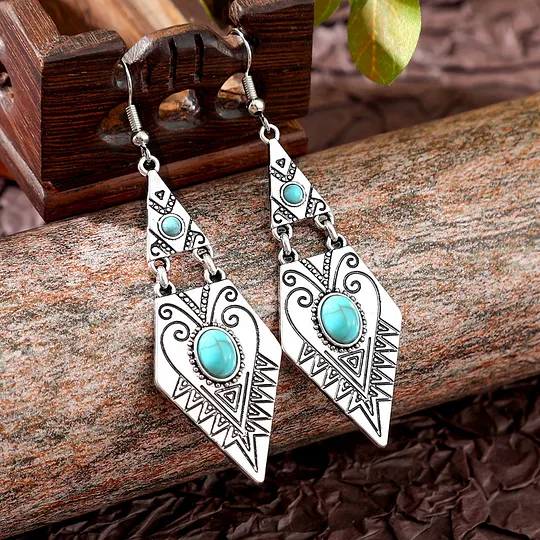 Retro Bohemian Turquoise Earrings Simple and Versatile Geometric Rhombus Metal Texture Earrings