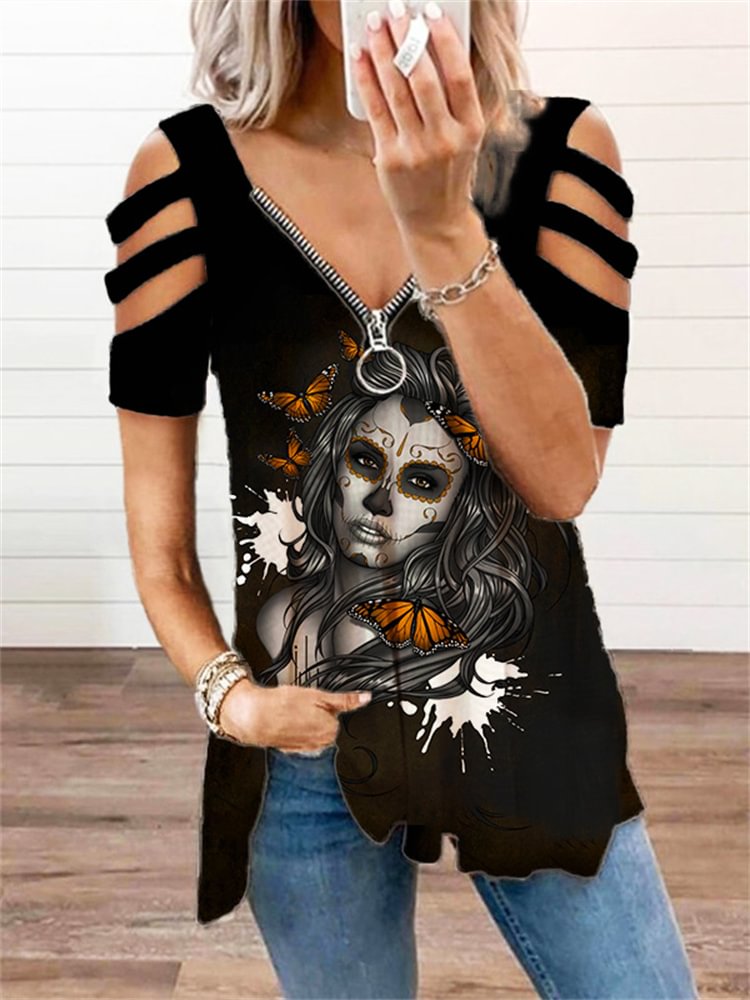 Sugar Skull Girl Butterfly Shoulder T Shirt