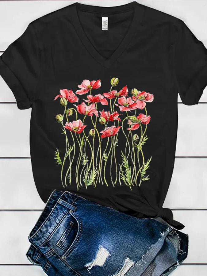 Poppies Floral Print Women's V-Neck T-shirt
