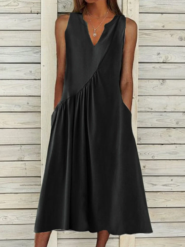 Women's Stitching Solid Color V-Neck Sleeveless Maxi Dress