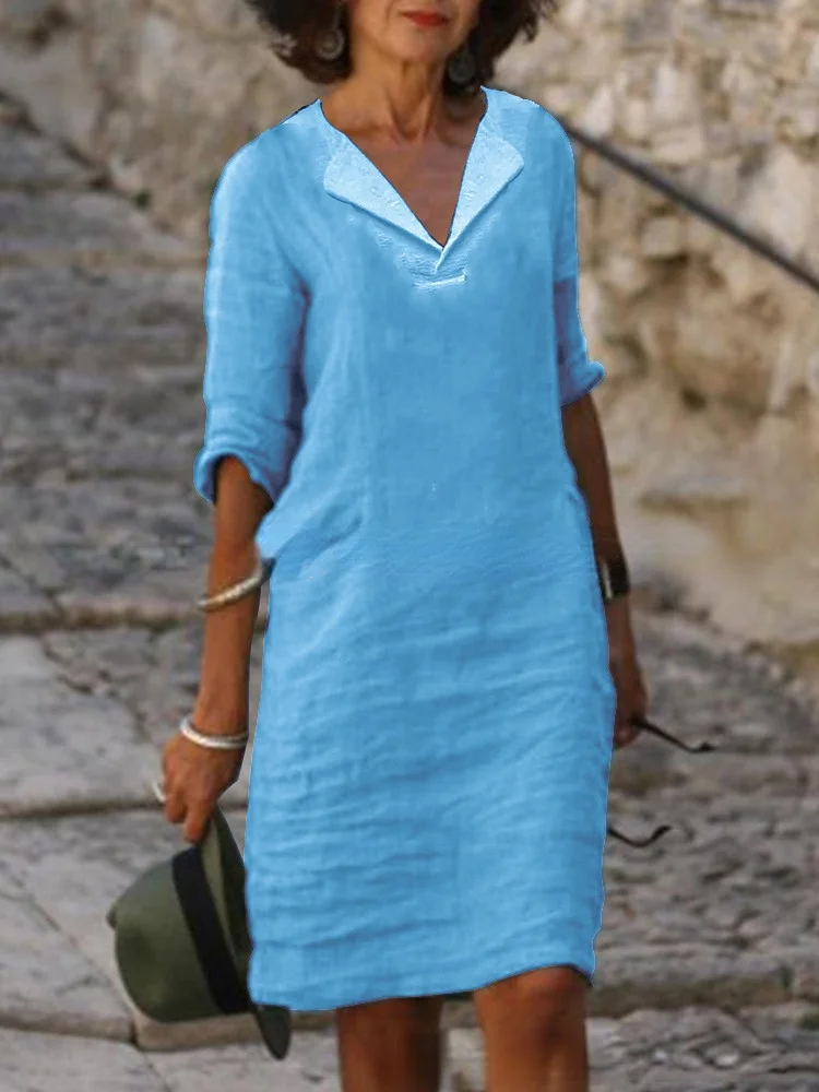 Women's Cotton Linen Solid Color Slim Fitting V-neck Dress