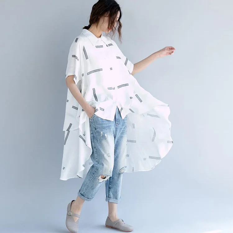 fashion white cotton blouse plus size maxi t shirts Elegant low high design short sleeve cotton t shirt