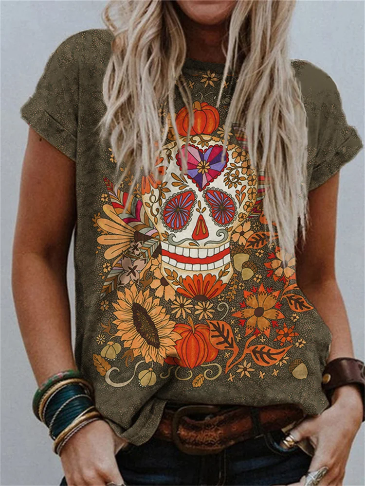 Vefave Day Of The Dead Autumn Skull Art T Shirt
