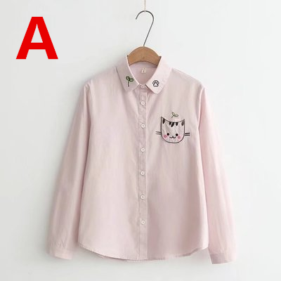White/Blue/Pink Kawaii Cat Preppy Style Blouse SP1710994
