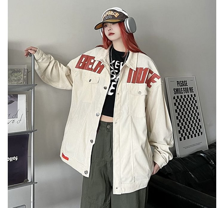 Collared Lettering Corduroy Button Jacket E551