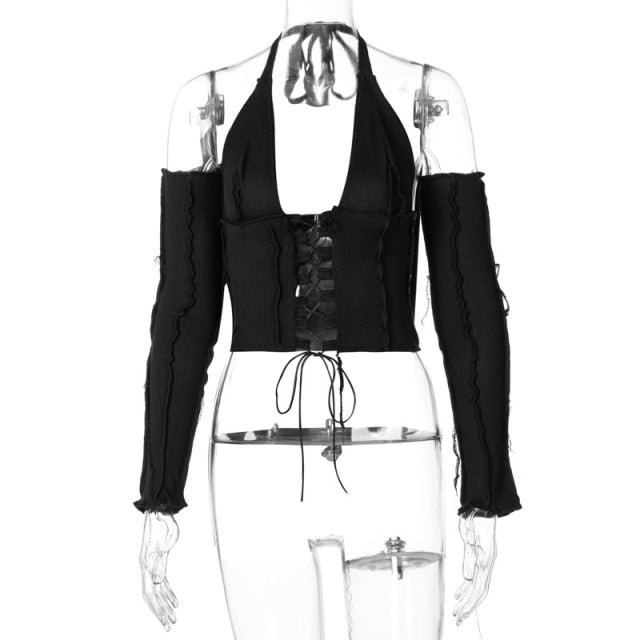 Simenual Backless Halter Ribbed Tie Front Top Women Long Sleeve Fairy Grunge Lace Up T Shirts Patchwork Green Bodycon Crop Tops - BlackFridayBuys