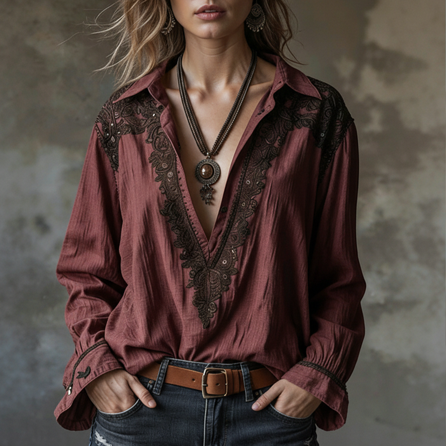 Cotton Linen Embroidered V-Neck Long Sleeve Boho Shirt For Women - Helixace