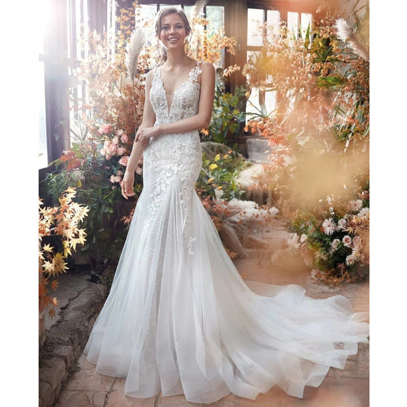 Mermaid Wedding Dress Deep V-Neck Sleeveless Bridal