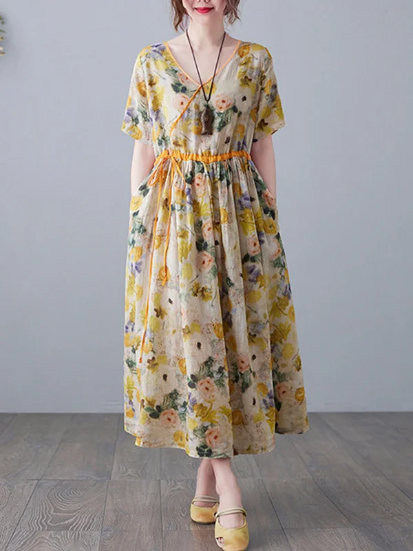 Original Artistic Retro Roomy Tied Floral Stamped Pleated V-Neck Short Sleeves Midi Dress
