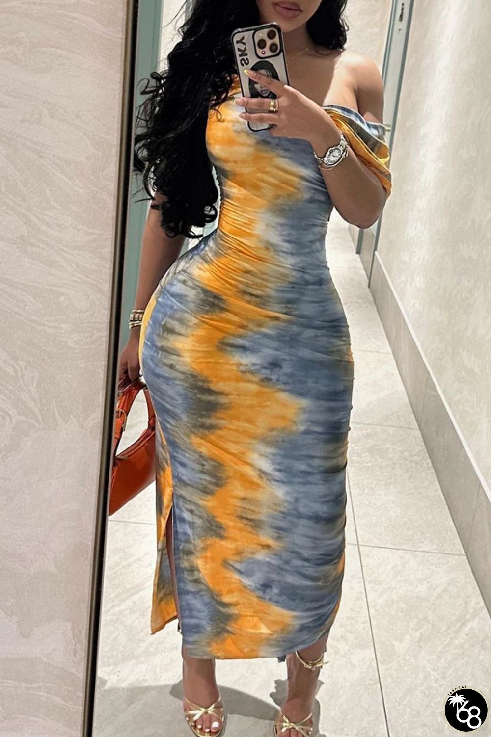 Grayish Yellow Street Print Patchwork One Shoulder Printed Dress Dresses | 168DEAL