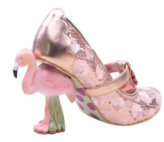 VCSHOES Women Pink Green Lace Sequins Embroidery Hollow Out Exquisite Painted Flamingo Heel Round Toe Strange Style Pumps Shoes
