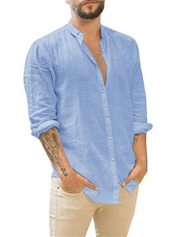 Men's New Linen Cardigan Solid Colour Casual Stand-up Collar Long-sleeved Shirt Plus Size Shirt-JRSEE