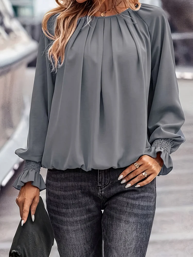 Solid Pleated Crew Neck Blouse, Vintage Lantern Sleeve Blouse For Spring & Fall, Women's Clothing