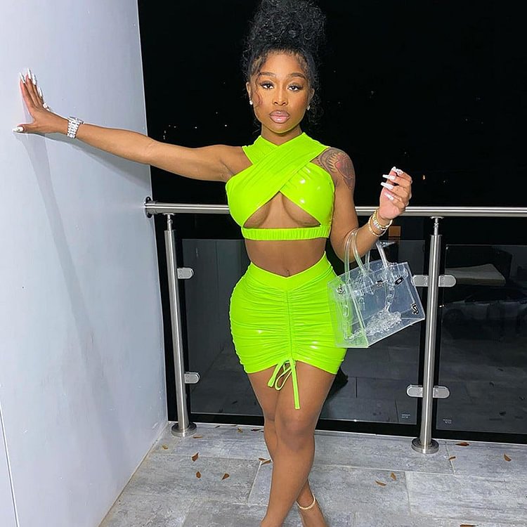 Solid Criss Cross Sexy Stretchy Two Piece Set Women Party Clubwear Crop Top+Drawstring Stacked Bodycon Skirts Outfits Hot - BlackFridayBuys