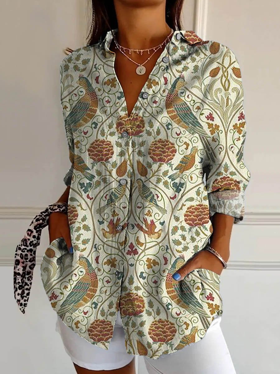 Women's Lovely Floral Birds Art Print Casual Cotton Shirt
