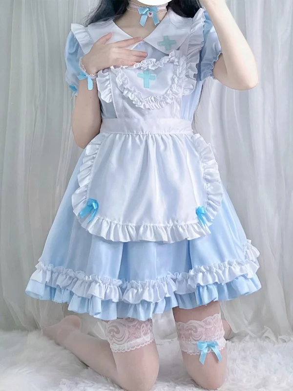 Lolita Bubble Sleeve Peter Pan Collar Cross Bowknot Ruffled Mini Maid Dress
