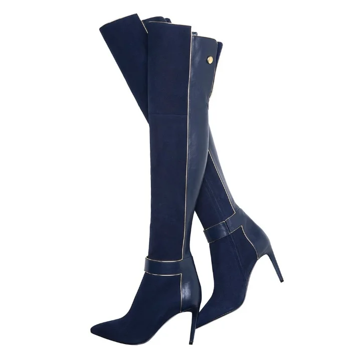 Navy Thigh High Pointy Toe Stiletto Heel Boots Vdcoo