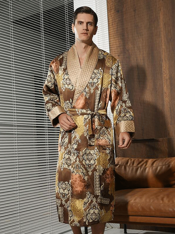 RealSilkLife Men's Luxurious Leopard Printed Silk Robe