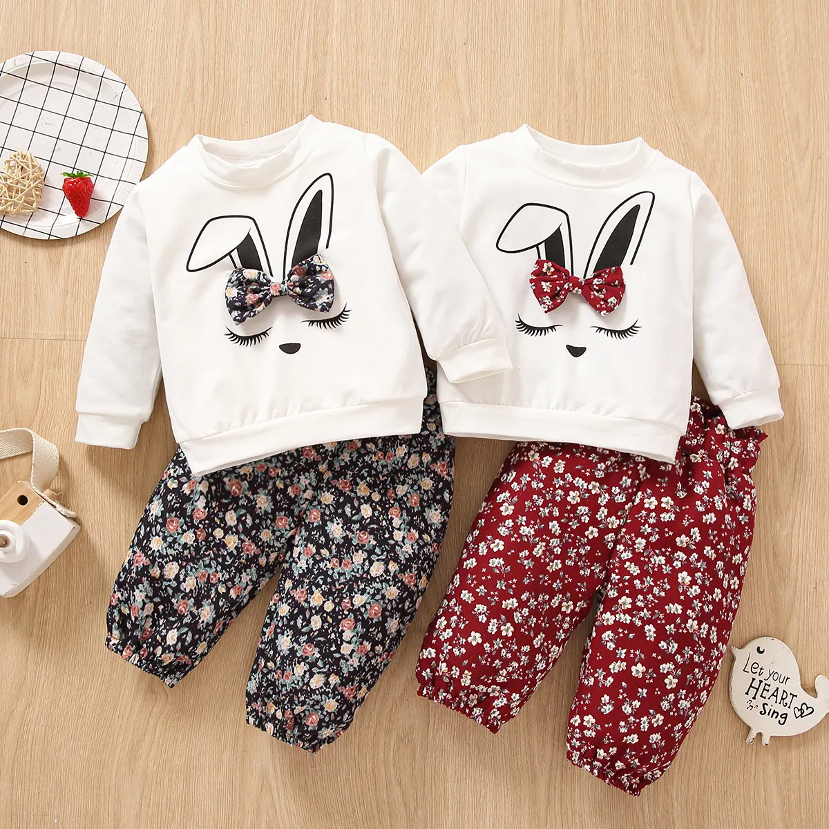 【3M-4Y】2-piece Girls Cartoon Rabbit Print Shirt And Pants Set