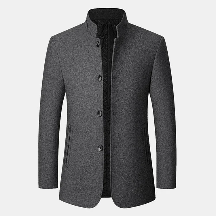Casual Plain Stand Collar Single Breasted Pocket Woolen Coat