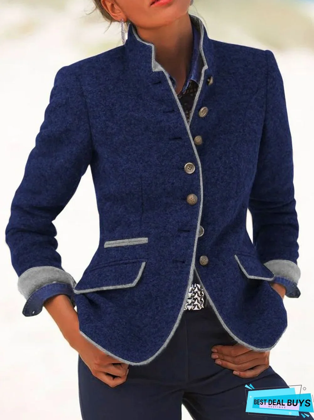 Solid Vintage Blazer Stand Collar Jacket