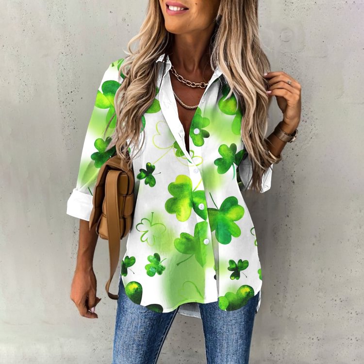 VChics Clover Print Lapel Long Sleeve Shirt
