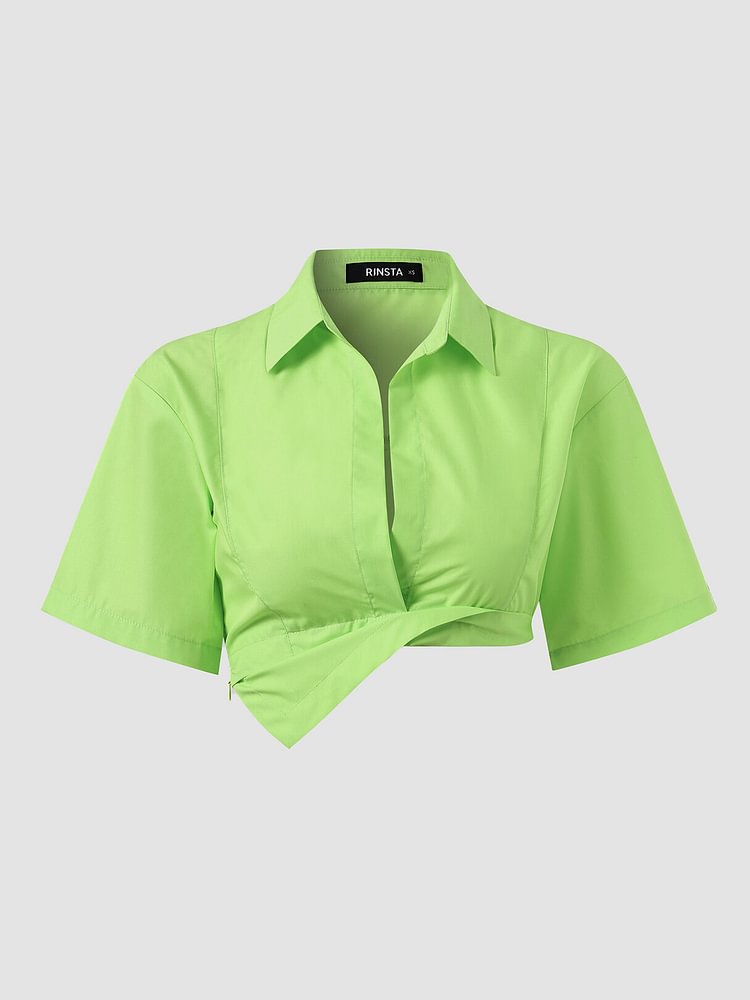 Solid Zip Irregular Short Sleeve Lapel Crop Top