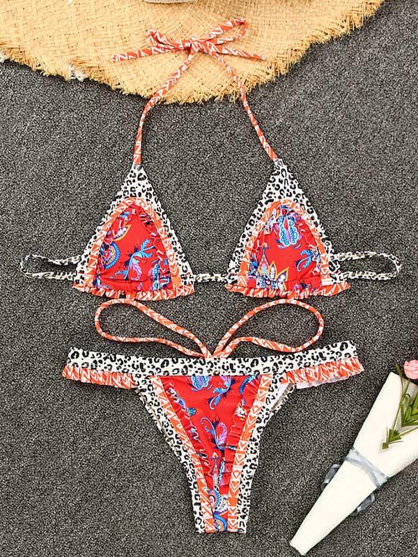 Floral Print Split Joint Triangles Bandage Split Bikini Swimsuit