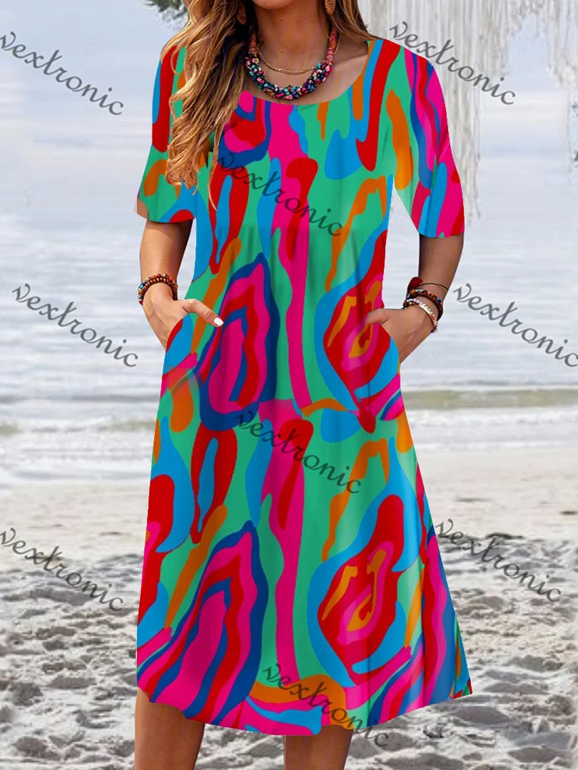 Women's Short Sleeve Scoop Neck Colorful Gradient Midi Dress
