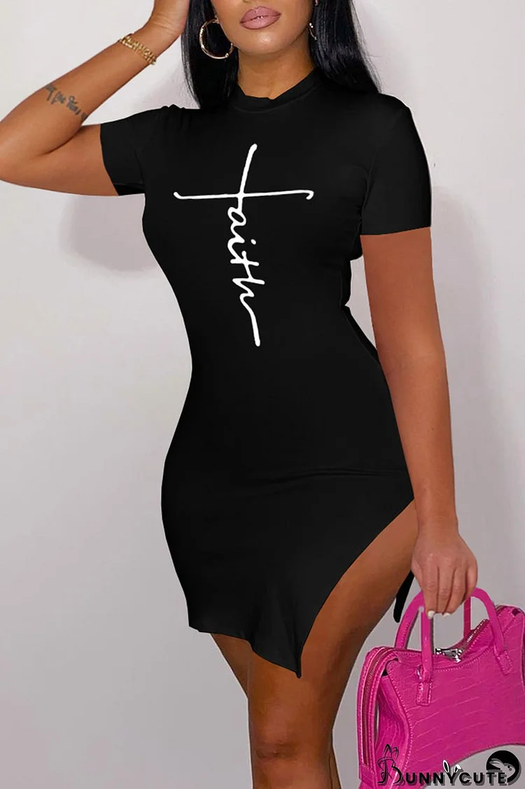 Black Sexy Print Split Joint O Neck One Step Skirt Dresses
