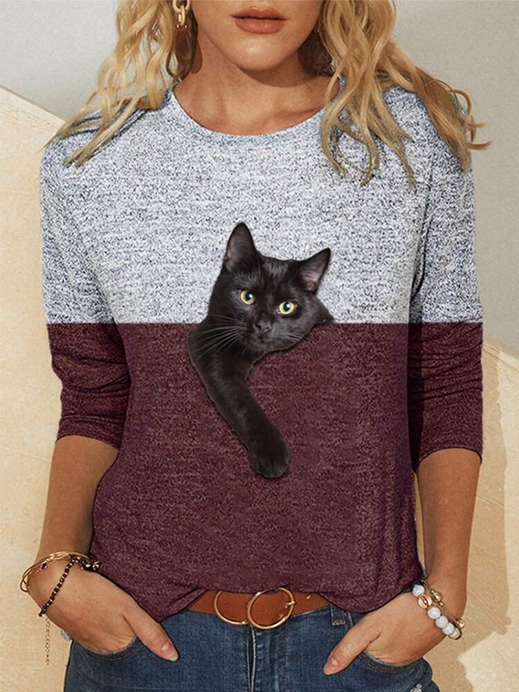 Contrast Color Cat Print Long Sleeve Casual T shirt For Women P1786359