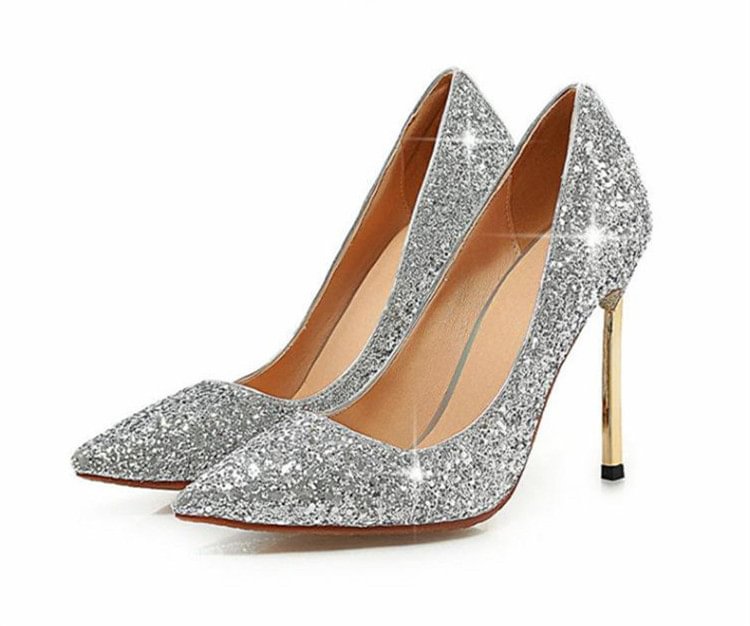 Silver Glitter Shoes Pointy Toe Blade Stiletto Heel Sparkly Pumps |FSJ Shoes